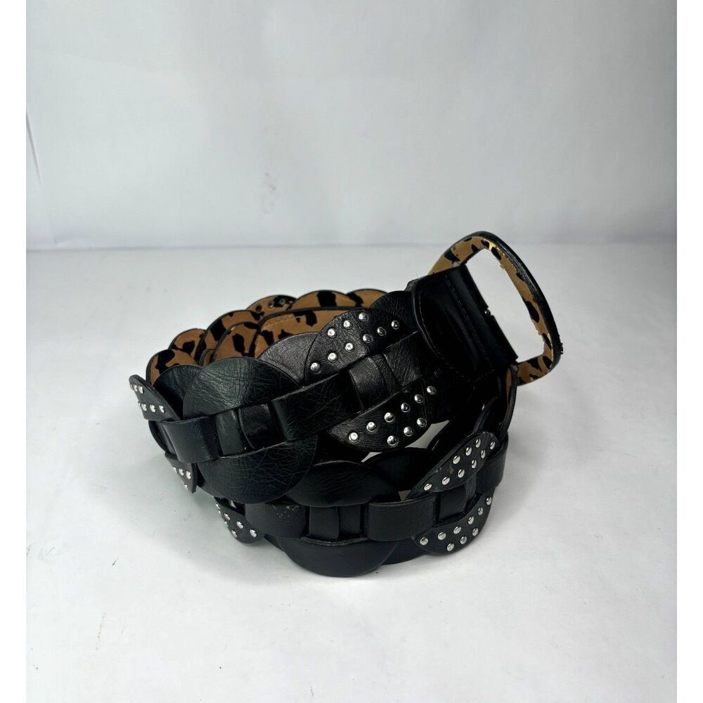 Betsey Johnson Leopard Print Faux Patent Chunky Belt Black Silver Studded Womens